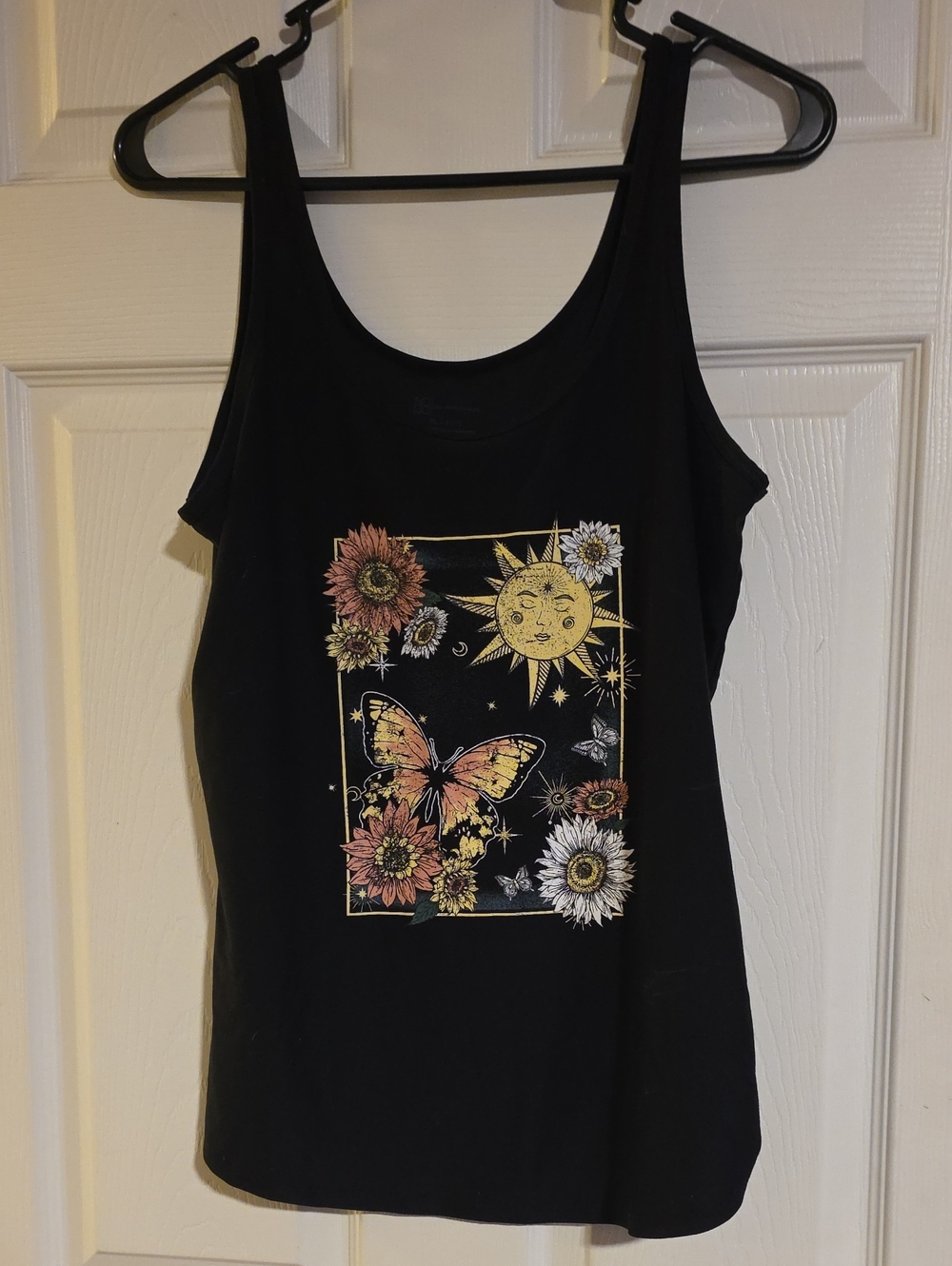 No Boundaries Black Tank Top with Yellow Sun & Pink Butterfly Graphic